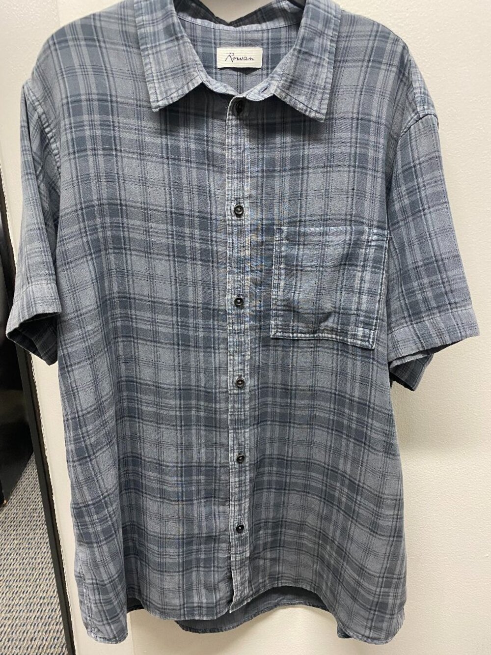 owan Bray Short Sleeve Plaid Utility Shirt Blackout Gray Cotton XL